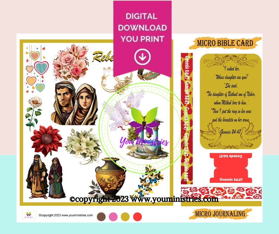 Rebekah Women of the Bible series, Bible Journaling Stickers, Micro Bible Card, Bible Insert, Bible Pocket, Printable, Digital Download