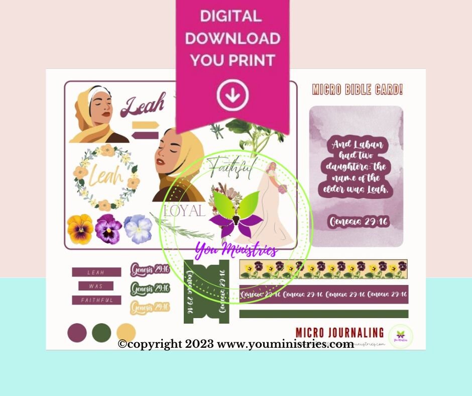 Leah Women of the Bible series, Bible Journaling Stickers, Micro Bible Card, Bible Insert, Bible Pocket, Printable, Digital Download