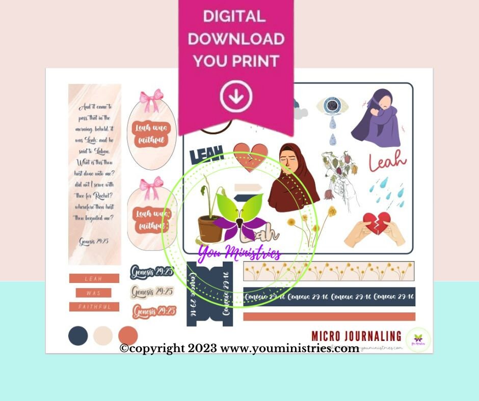 Leah Women of the Bible series, Bible Journaling Stickers, Micro Bible Card, Bible Insert, Bible Pocket, Printable, Digital Download