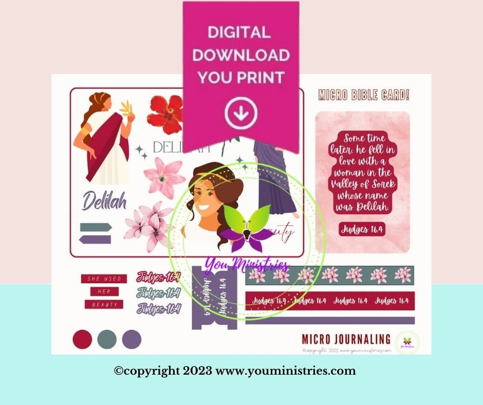 Delilah, Women of the Bible, Bible Journaling Stickers, Micro Bible Card, Bible Insert, Bible Pocket, Printable, Digital Download